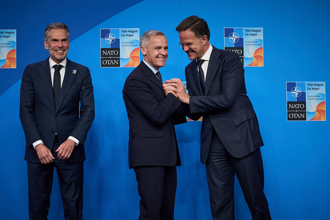 NATO Secretary General Mark Rutte and  Dick Schoof (Prime Minister, the Netherlands) welcome Mark Carney (Prime Minister, Canada)