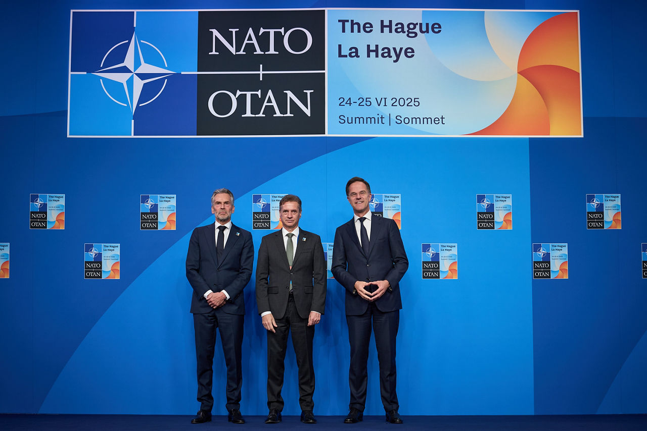 NATO Secretary General Mark Rutte and  Dick Schoof (Prime Minister, the Netherlands) welcome Robert Golob (Prime Minister, Slovenia)