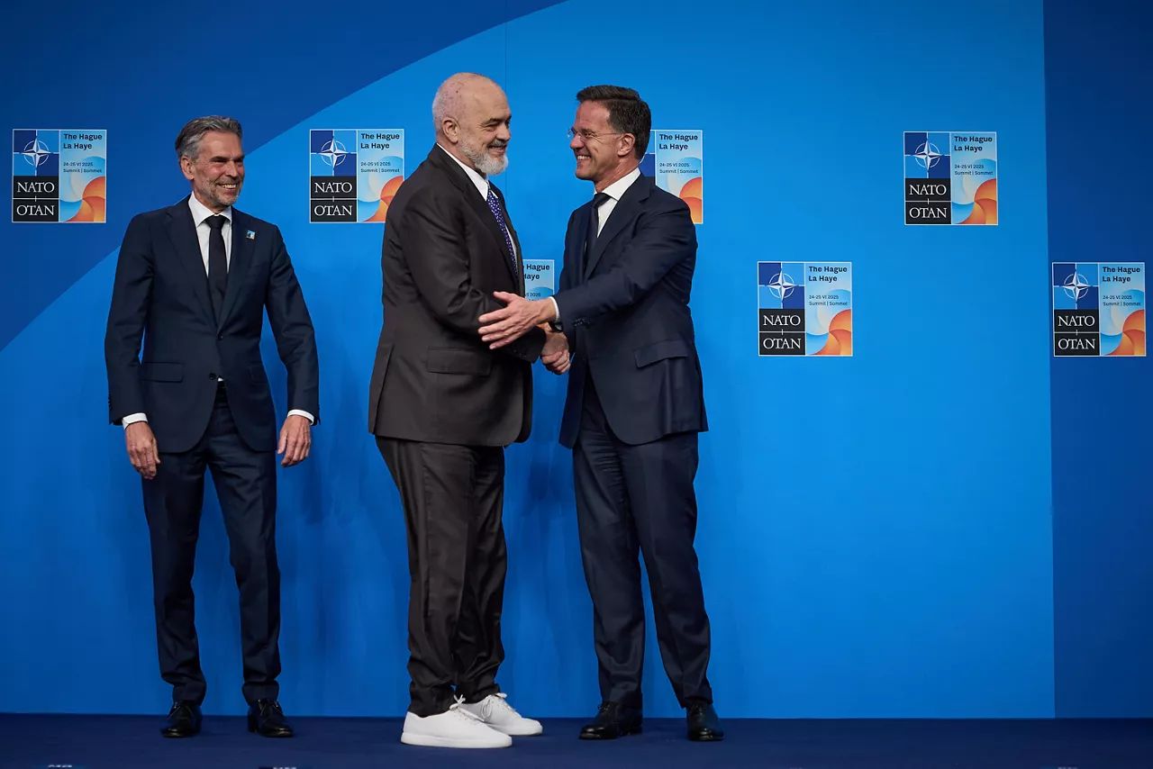 NATO Secretary General Mark Rutte and  Dick Schoof (Prime Minister, the Netherlands) welcome Edi Rama (Prime Minister, Albania)