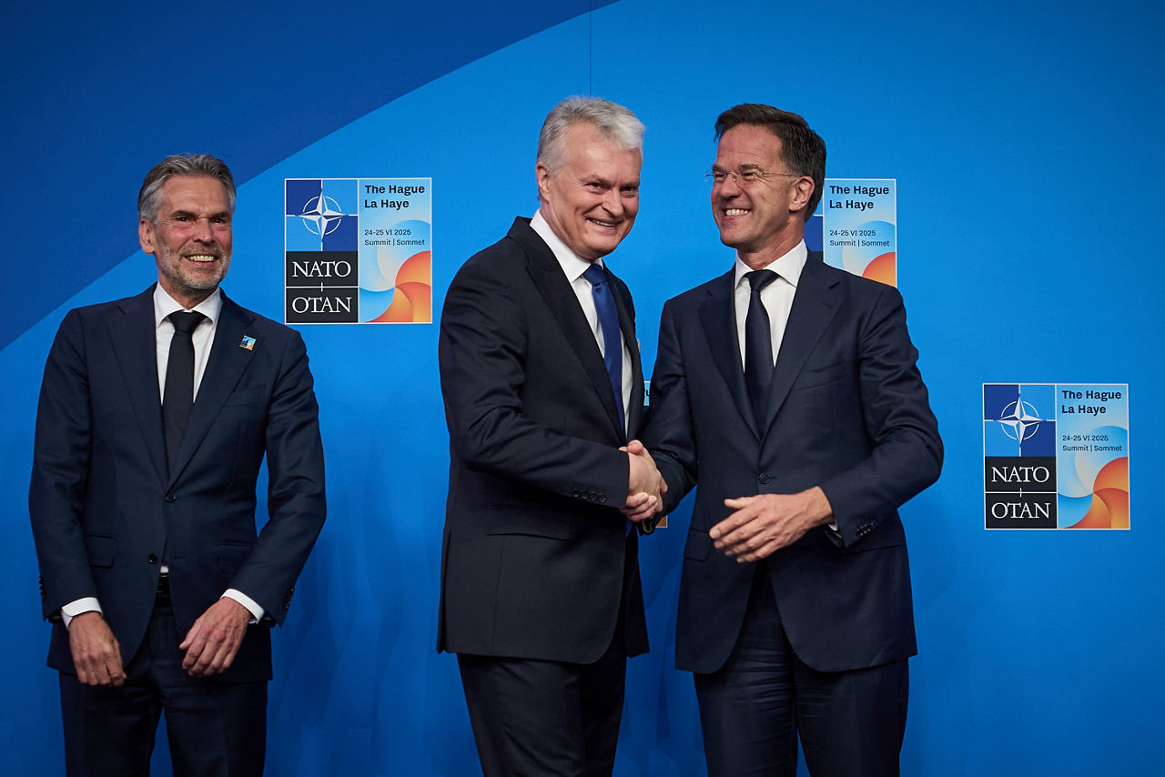 NATO Secretary General Mark Rutte and  Dick Schoof (Prime Minister, the Netherlands) welcome Gitanas Nausėda (President, Lithuania)