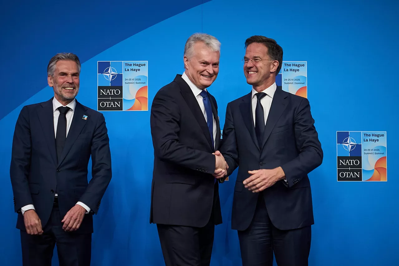 NATO Secretary General Mark Rutte and  Dick Schoof (Prime Minister, the Netherlands) welcome Gitanas Nausėda (President, Lithuania)