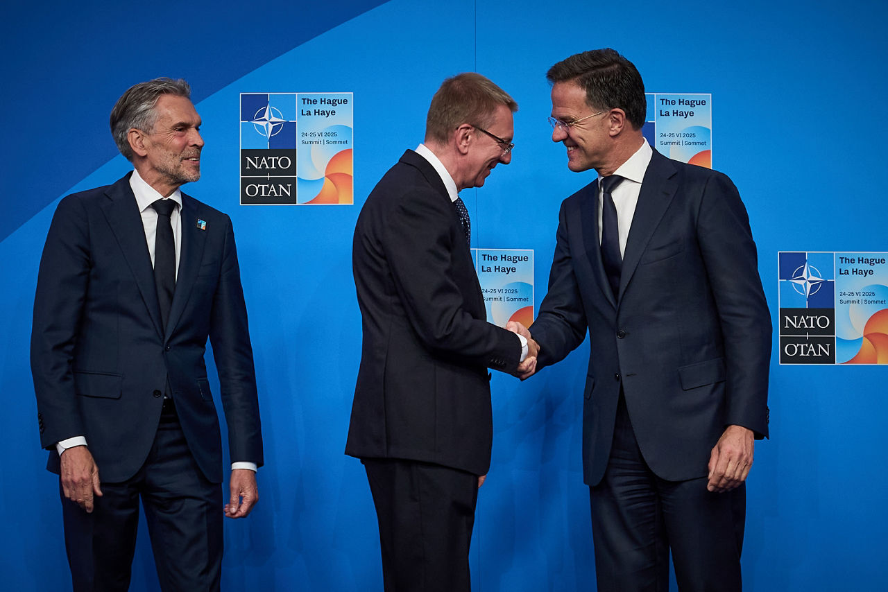 NATO Secretary General Mark Rutte and  Dick Schoof (Prime Minister, the Netherlands) welcome Edgars Rinkēvičs (President, Latvia)