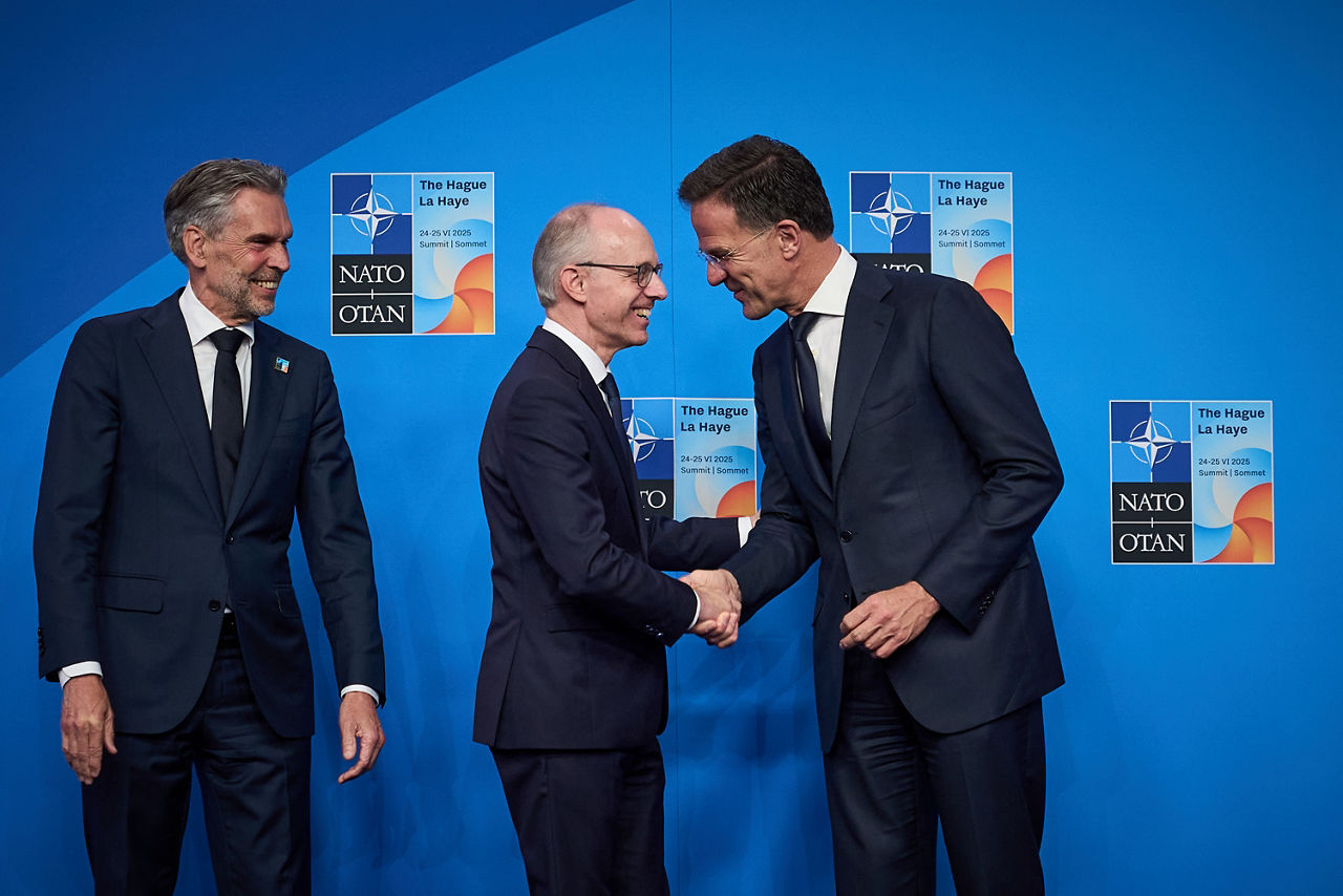 NATO Secretary General Mark Rutte and  Dick Schoof (Prime Minister, the Netherlands) welcome Luc Frieden (Prime Minister, Luxembourg)