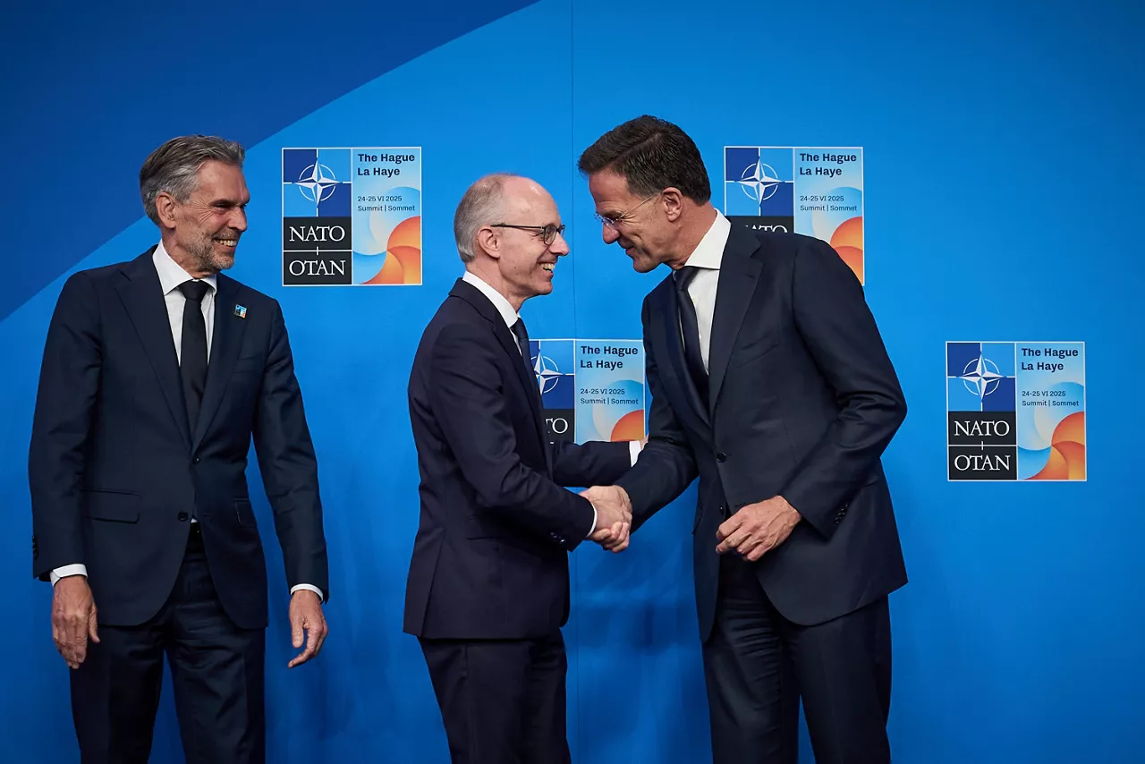 NATO Secretary General Mark Rutte and  Dick Schoof (Prime Minister, the Netherlands) welcome Luc Frieden (Prime Minister, Luxembourg)