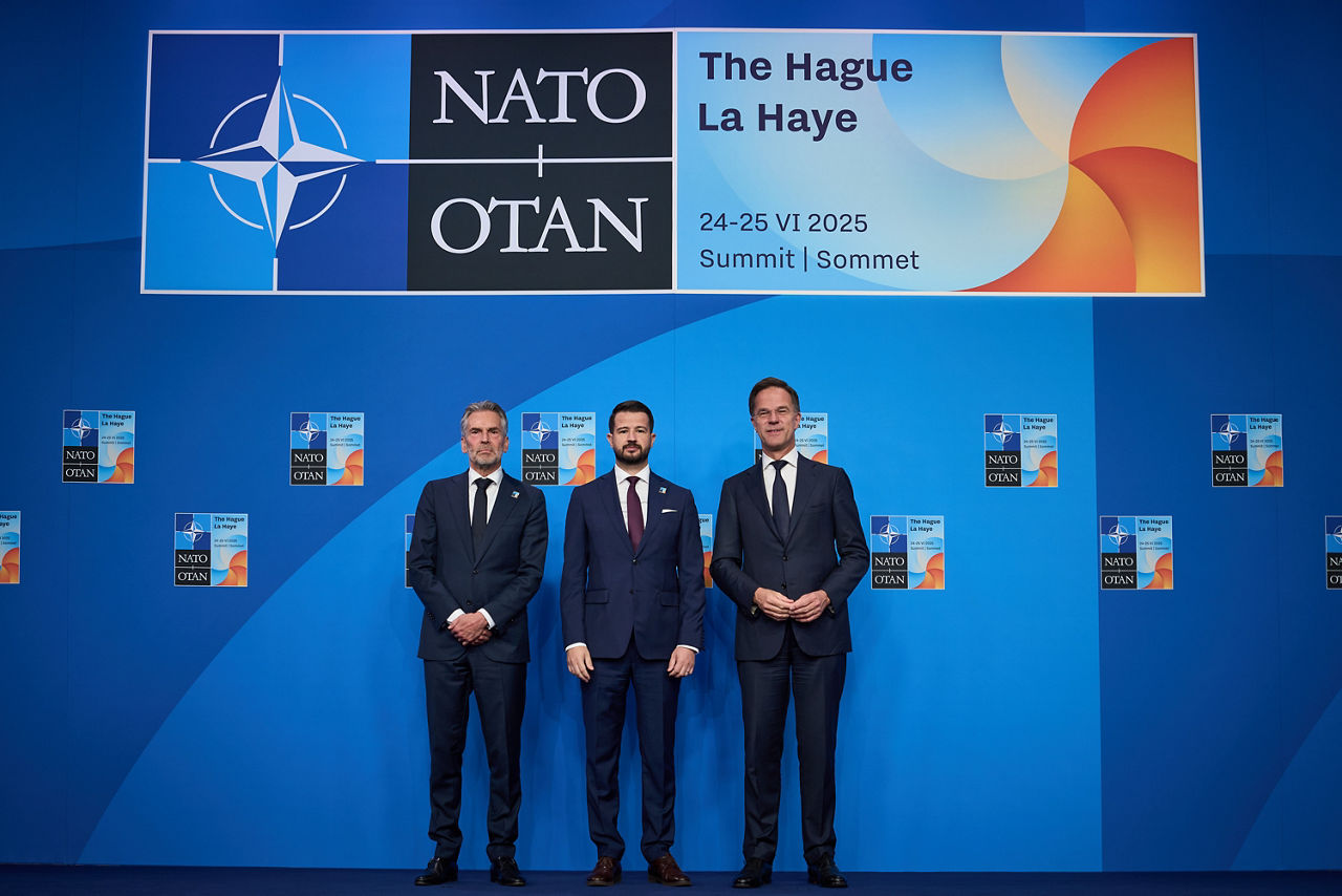 NATO Secretary General Mark Rutte and  Dick Schoof (Prime Minister, the Netherlands) welcome Jakov Milatović (President, Montenegro)