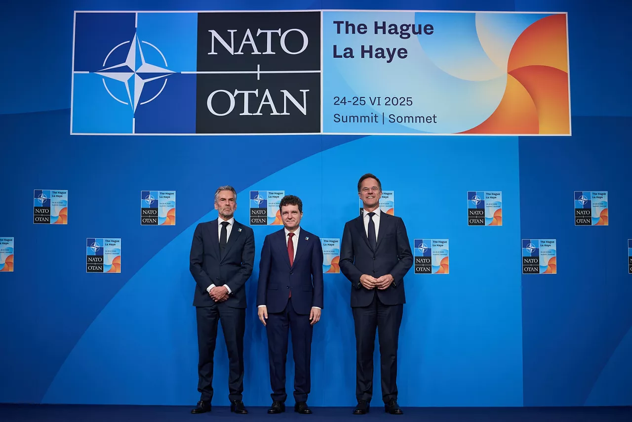 NATO Secretary General Mark Rutte and  Dick Schoof (Prime Minister, the Netherlands) welcome Nicușor Dan (President, Romania)