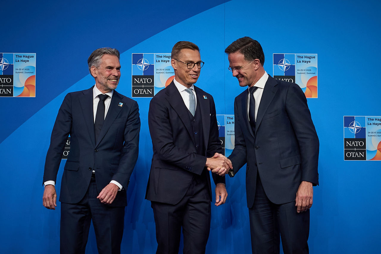 NATO Secretary General Mark Rutte and  Dick Schoof (Prime Minister, the Netherlands) welcome Alexander Stubb (President, Finland)