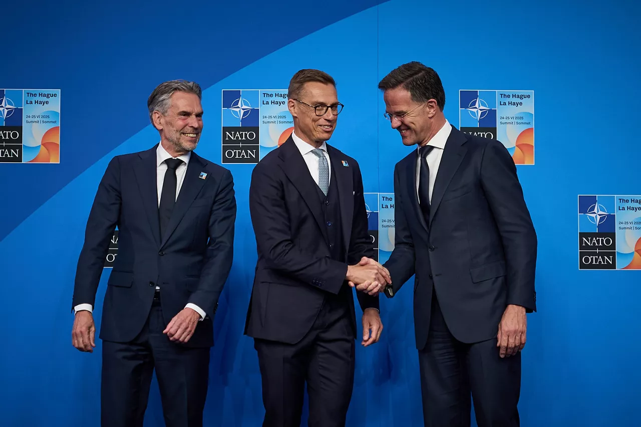 NATO Secretary General Mark Rutte and  Dick Schoof (Prime Minister, the Netherlands) welcome Alexander Stubb (President, Finland)