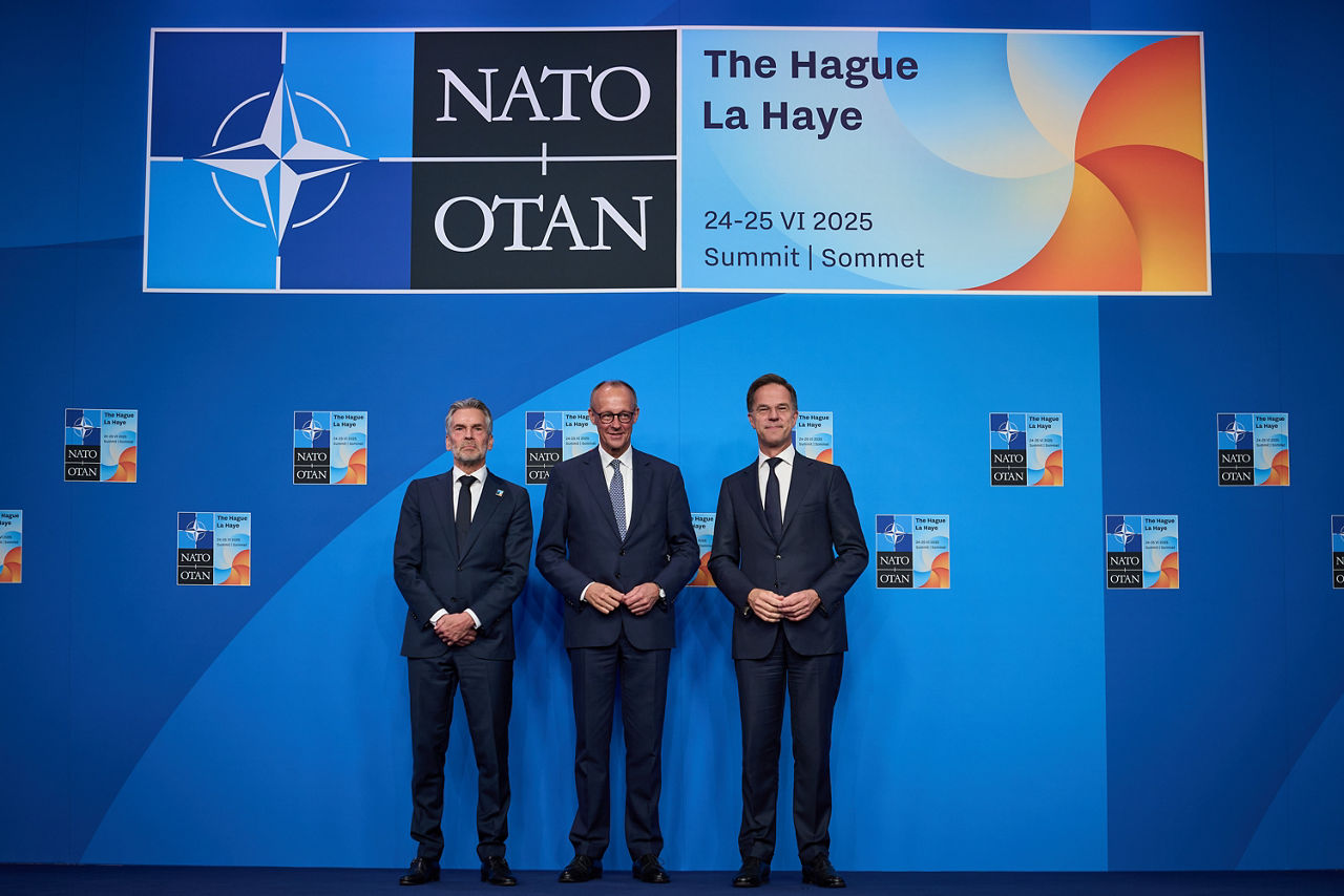 NATO Secretary General Mark Rutte and  Dick Schoof (Prime Minister, the Netherlands) welcome Friedrich Merz (Chancellor of Germany)