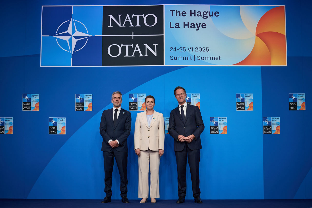 NATO Secretary General Mark Rutte and  Dick Schoof (Prime Minister, the Netherlands) welcome Mette Frederiksen (Prime Minister, Denmark)
