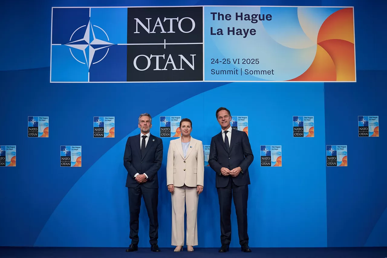 NATO Secretary General Mark Rutte and  Dick Schoof (Prime Minister, the Netherlands) welcome Mette Frederiksen (Prime Minister, Denmark)
