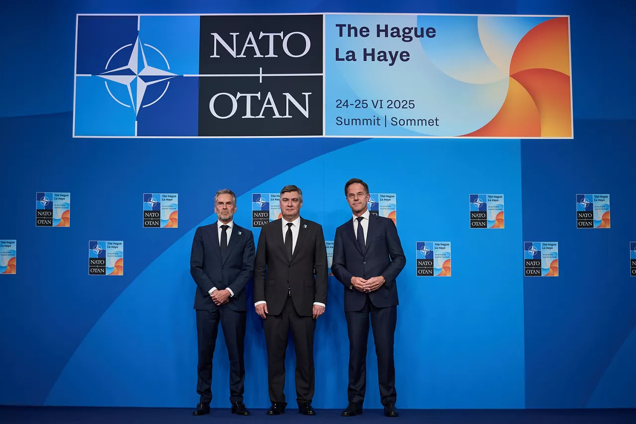 NATO Secretary General Mark Rutte and  Dick Schoof (Prime Minister, the Netherlands) welcome Zoran Milanović (President, Croatia)