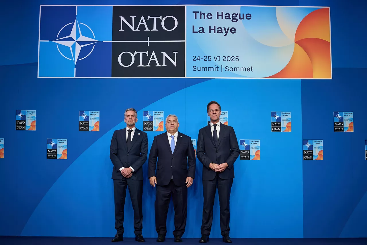 NATO Secretary General Mark Rutte and  Dick Schoof (Prime Minister, the Netherlands) welcome Viktor Orbán (Prime Minister, Hungary)
