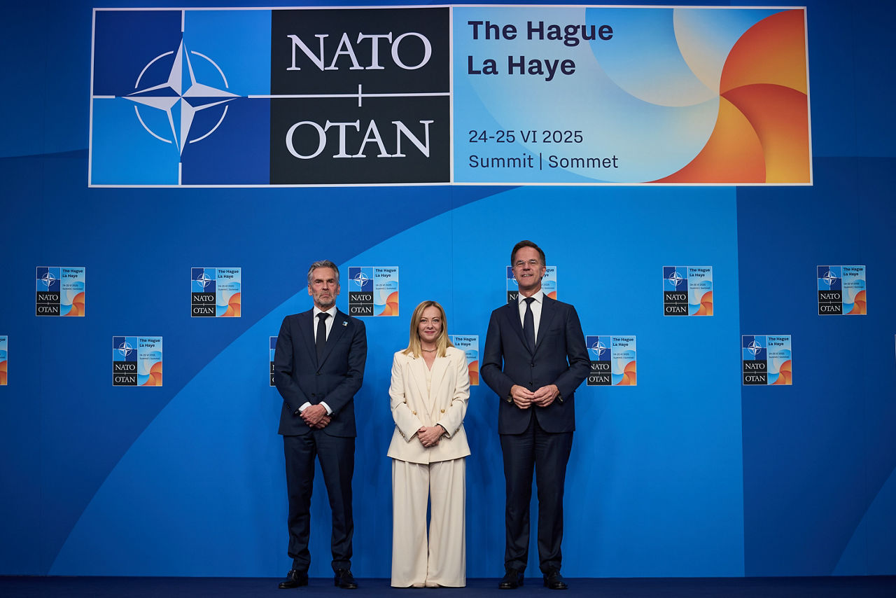 NATO Secretary General Mark Rutte and  Dick Schoof (Prime Minister, the Netherlands) welcome Giorgia Meloni (Prime Minister, Italy)