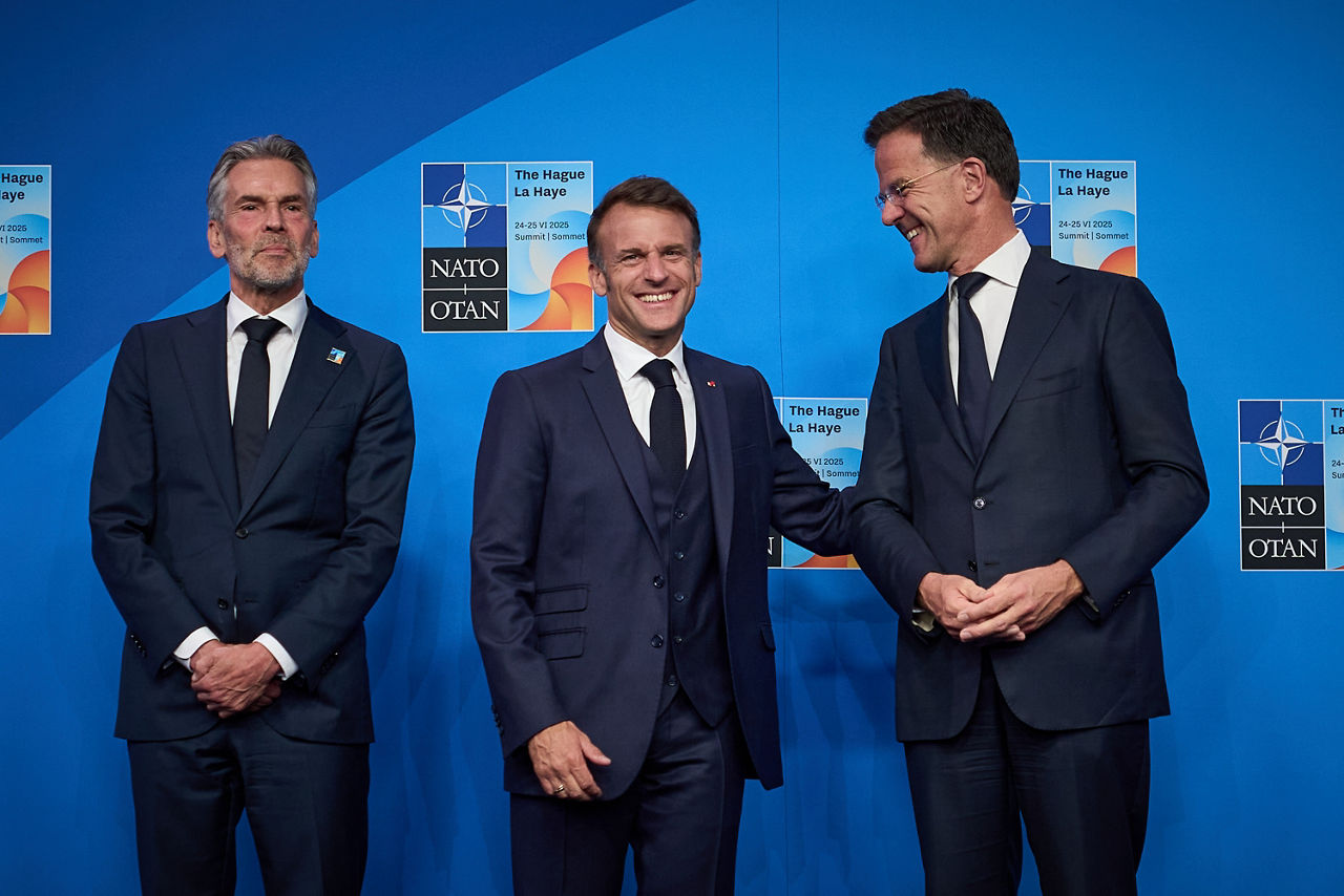 NATO Secretary General Mark Rutte and  Dick Schoof (Prime Minister, the Netherlands) welcome Emmanuel Macron (President, France)