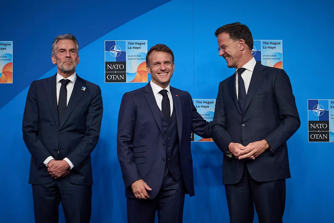 NATO Secretary General Mark Rutte and  Dick Schoof (Prime Minister, the Netherlands) welcome Emmanuel Macron (President, France)