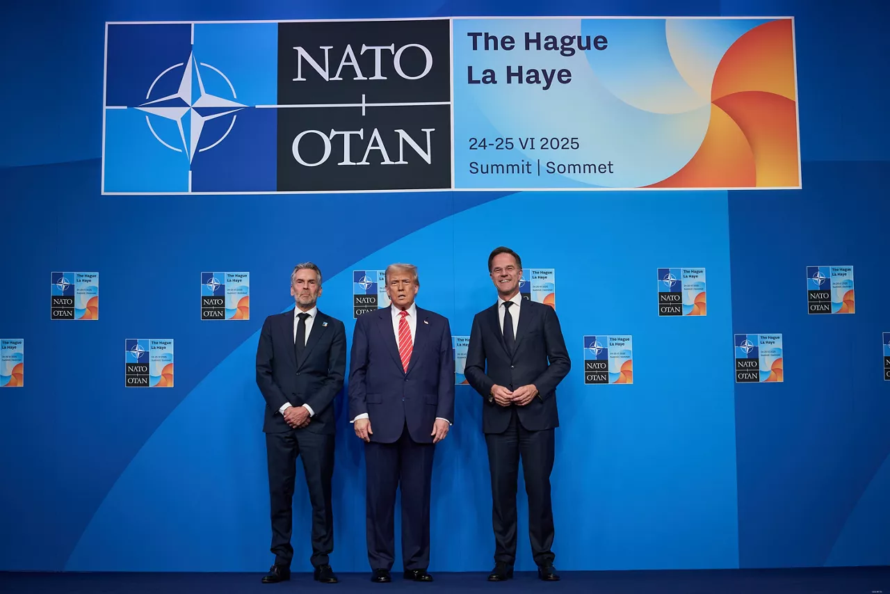 NATO Secretary General Mark Rutte and  Dick Schoof (Prime Minister, the Netherlands) welcome Donald Trump (President, United States)