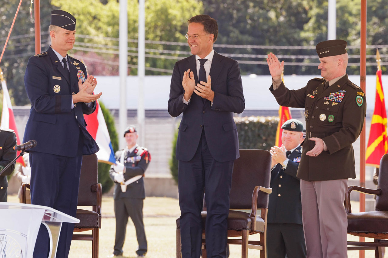 NATO Secretary General Mark Rutte with General Alexus G. Grynkewich and General Christopher G. Cavoli