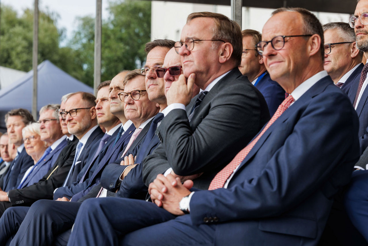 Ceremony of the 70th anniversary of the accession of the Federal Republic of Germany to NATO - Johann Wadephul, Minister of Foreign Affairs of Germany, NATO Secretary General Mark Rutte, Boris Pistorius, Minister of Defence of Germany and Friedrich Merz, Chancellor of Germany 