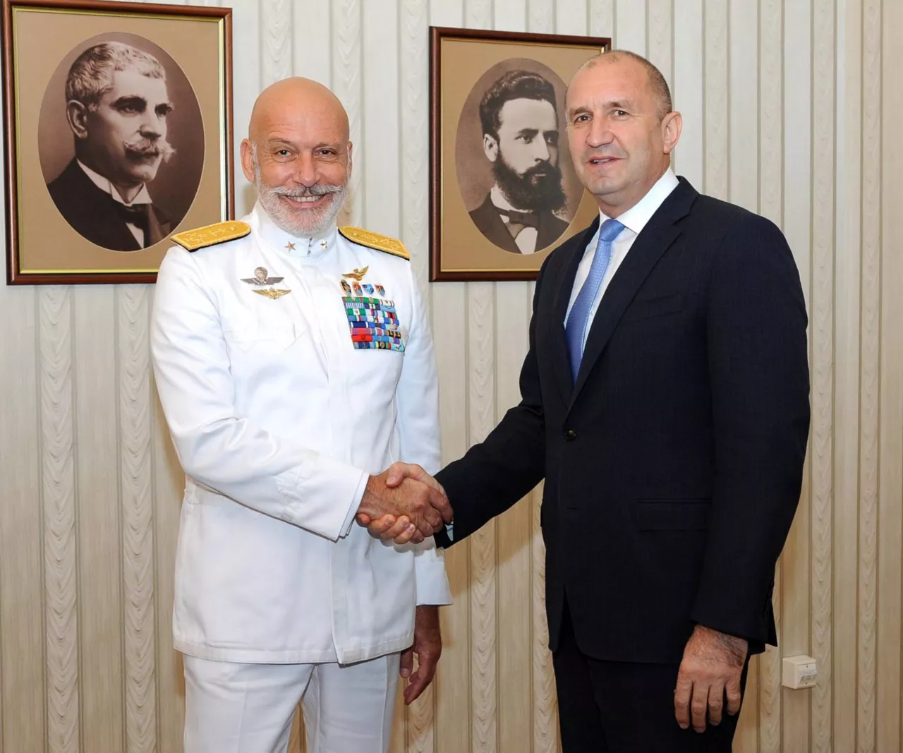 The Chair of the NATO Military Committee, Admiral Giuseppe Cavo Dragone, with the President of Bulgaria, Rumen Radev, Sofia, 16 July 2025.