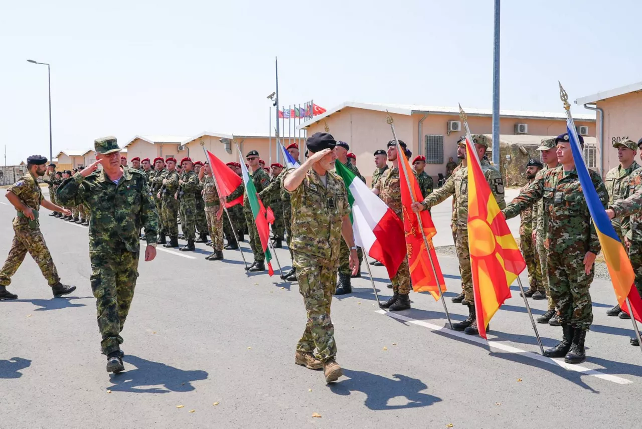 The Chair of the NATO Military Committee, Admiral Giuseppe Cavo Dragone, and the Chief of Defence of Bulgaria, Admiral Emil Eftimov, visit the Novo Selo Training Area, 15 July 2025.