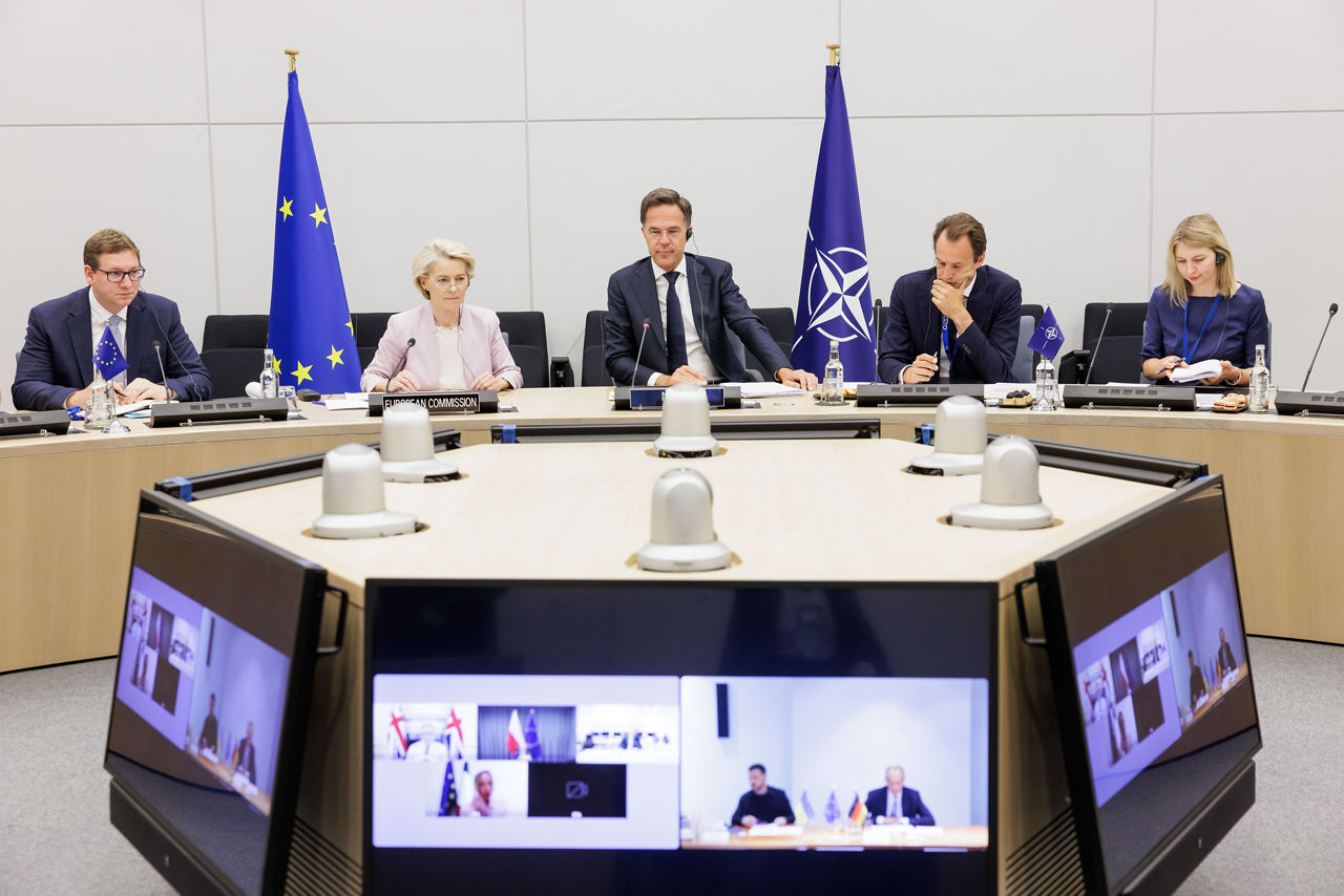 NATO Secretary General Mark Rutte and Ursula von der Leyen, President of the European Commission, participate in the virtual meetings of European leaders, the US and Ukraine, hosted by Friedrich Merz, Federal Chancellor of Germany, to discuss Ukraine