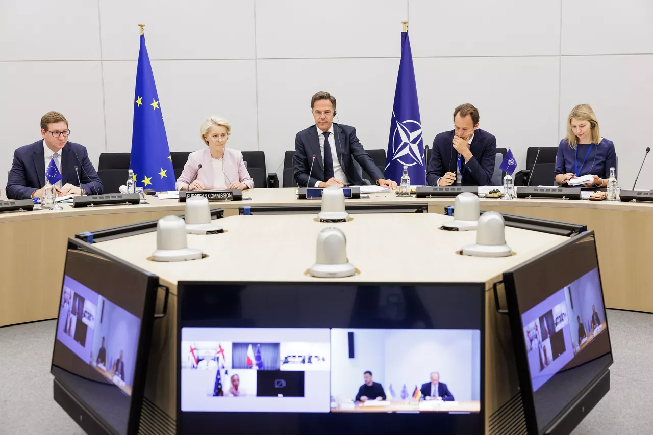 NATO Secretary General Mark Rutte and Ursula von der Leyen, President of the European Commission, participate in the virtual meetings of European leaders, the US and Ukraine, hosted by Friedrich Merz, Federal Chancellor of Germany, to discuss Ukraine