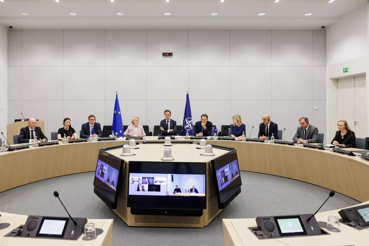 NATO Secretary General Mark Rutte and Ursula von der Leyen, President of the European Commission, participate in the virtual meetings of European leaders, the US and Ukraine, hosted by Friedrich Merz, Federal Chancellor of Germany, to discuss Ukraine