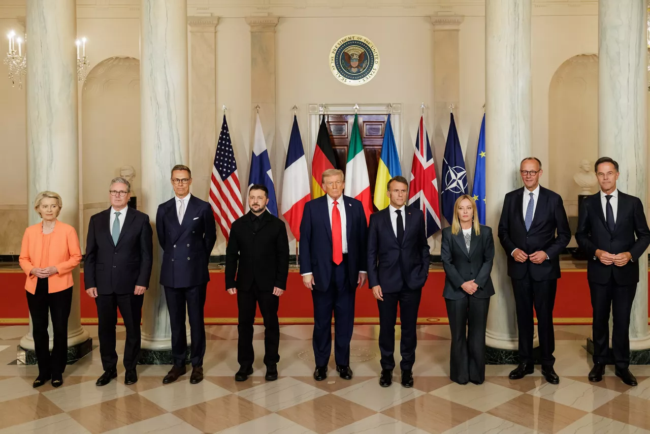 NATO Secretary General Mark Rutte, UK Prime Minister Keir Starmer, President of France Emmanuel Macron, President of Ukraine Volodymyr Zelenskyy, US President Donald J. Trump, Prime Minister of Italy Gioriga Meloni,  President of Finland Alexander Stubb, Chancellor of Germany Friedrich Merz and President of the European Commission Ursula von der Leyen
