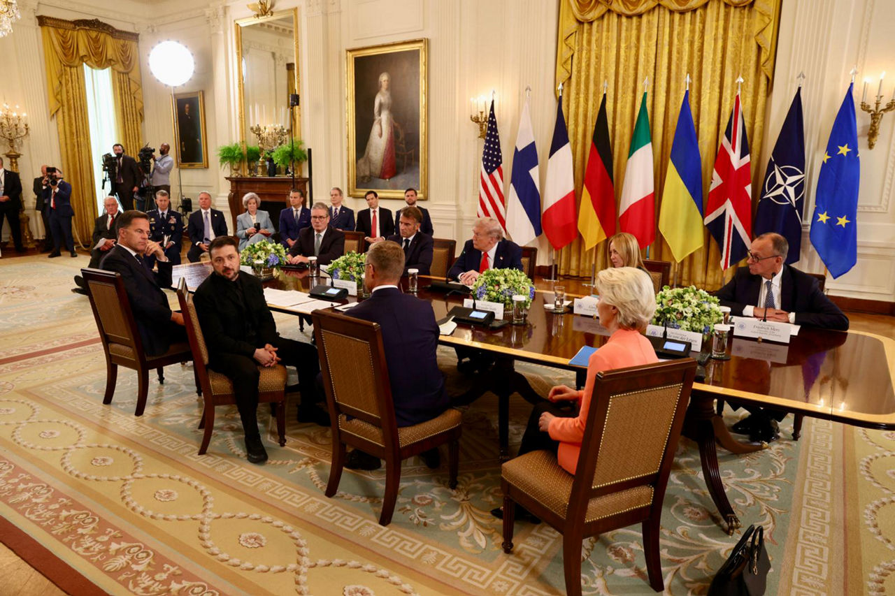 NATO Secretary General Mark Rutte, UK Prime Minister Keir Starmer, President of France Emmanuel Macron, President of Ukraine Volodymyr Zelenskyy, US President Donald J. Trump, Prime Minister of Italy Gioriga Meloni,  President of Finland Alexander Stubb, Chancellor of Germany Friedrich Merz and President of the European Commission Ursula von der Leyen
