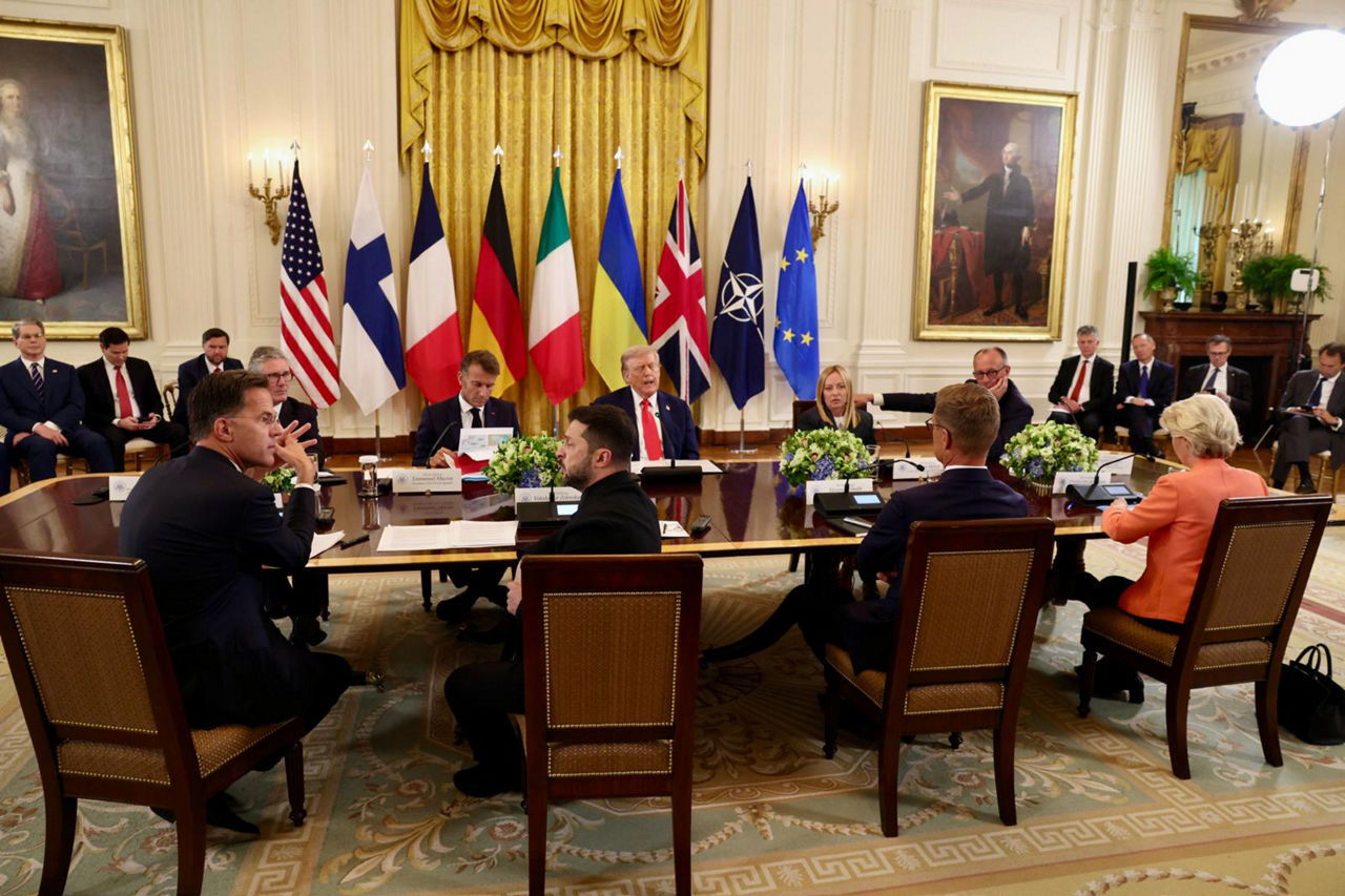 NATO Secretary General Mark Rutte, UK Prime Minister Keir Starmer, President of France Emmanuel Macron, President of Ukraine Volodymyr Zelenskyy, US President Donald J. Trump, Prime Minister of Italy Gioriga Meloni,  President of Finland Alexander Stubb, Chancellor of Germany Friedrich Merz and President of the European Commission Ursula von der Leyen
