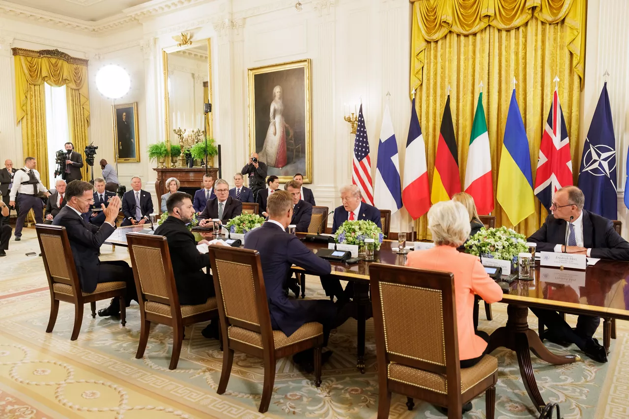 NATO Secretary General Mark Rutte, UK Prime Minister Keir Starmer, President of France Emmanuel Macron, President of Ukraine Volodymyr Zelenskyy, US President Donald J. Trump, Prime Minister of Italy Gioriga Meloni,  President of Finland Alexander Stubb, Chancellor of Germany Friedrich Merz and President of the European Commission Ursula von der Leyen
