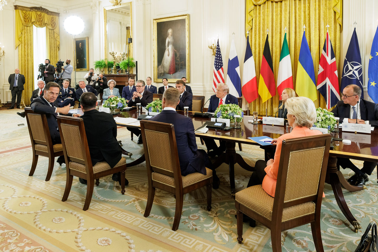 NATO Secretary General Mark Rutte, UK Prime Minister Keir Starmer, President of France Emmanuel Macron, President of Ukraine Volodymyr Zelenskyy, US President Donald J. Trump, Prime Minister of Italy Gioriga Meloni,  President of Finland Alexander Stubb, Chancellor of Germany Friedrich Merz and President of the European Commission Ursula von der Leyen
