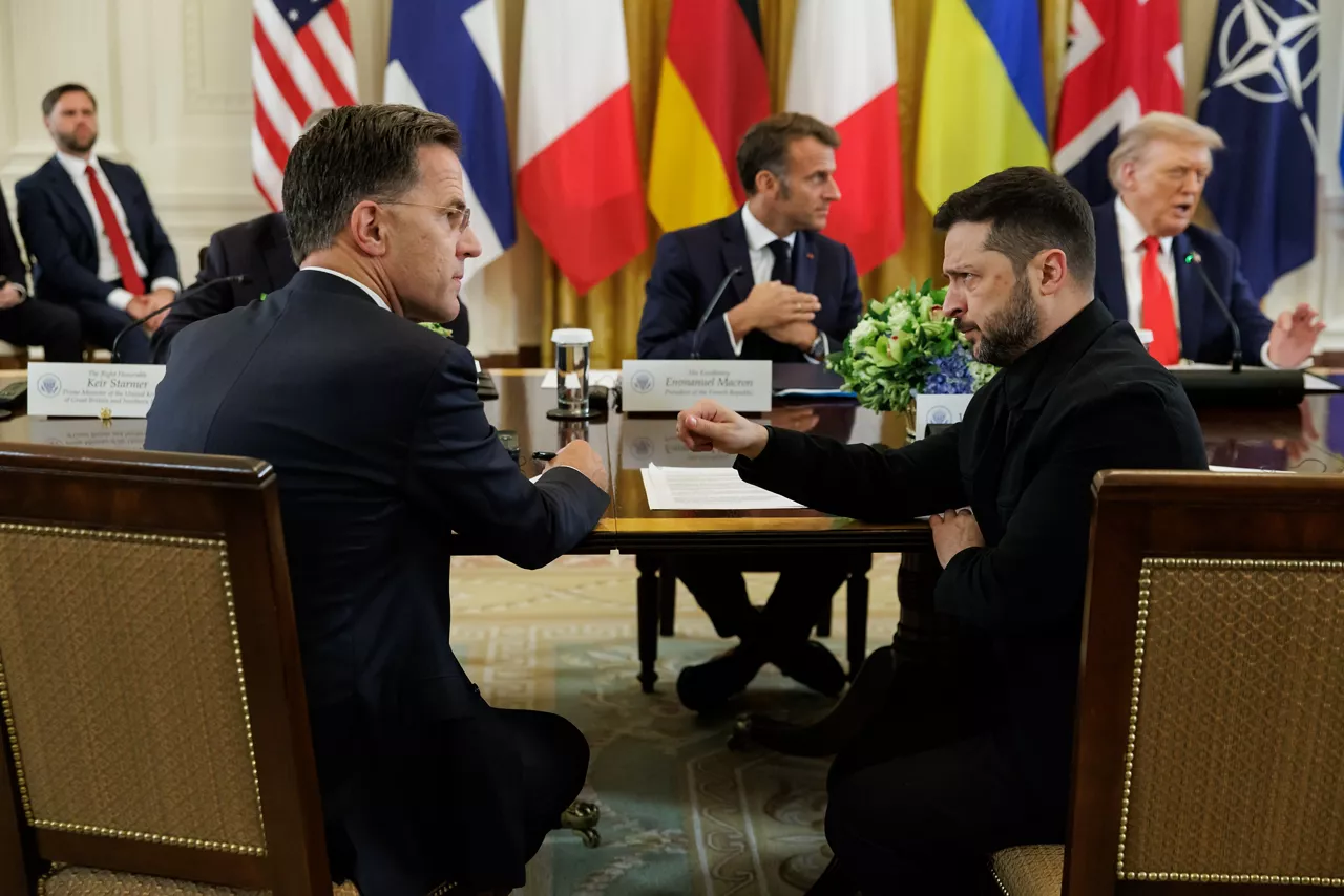 NATO Secretary General Mark Rutte, UK Prime Minister Keir Starmer, President of France Emmanuel Macron, President of Ukraine Volodymyr Zelenskyy, US President Donald J. Trump, Prime Minister of Italy Gioriga Meloni,  President of Finland Alexander Stubb, Chancellor of Germany Friedrich Merz and President of the European Commission Ursula von der Leyen
