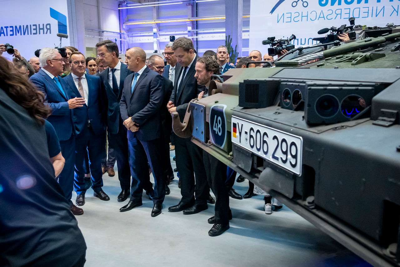 NATO Secretary General Mark Rutte, Minister of Defence of Germany Boris Pistorius,  CEO and President of Rheinmetall Armin Papperger and Vice Chancellor of Germany Lars Klingbeil.