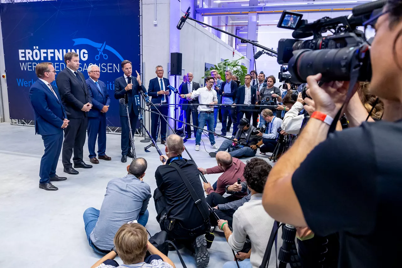 NATO Secretary General Mark Rutte, Minister of Defence of Germany Boris Pistorius,  CEO and President of Rheinmetall Armin Papperger and Vice Chancellor of Germany Lars Klingbeil.