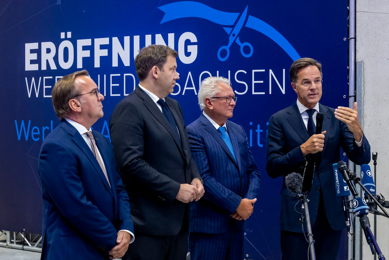 NATO Secretary General Mark Rutte, Minister of Defence of Germany Boris Pistorius,  CEO and President of Rheinmetall Armin Papperger and Vice Chancellor of Germany Lars Klingbeil.