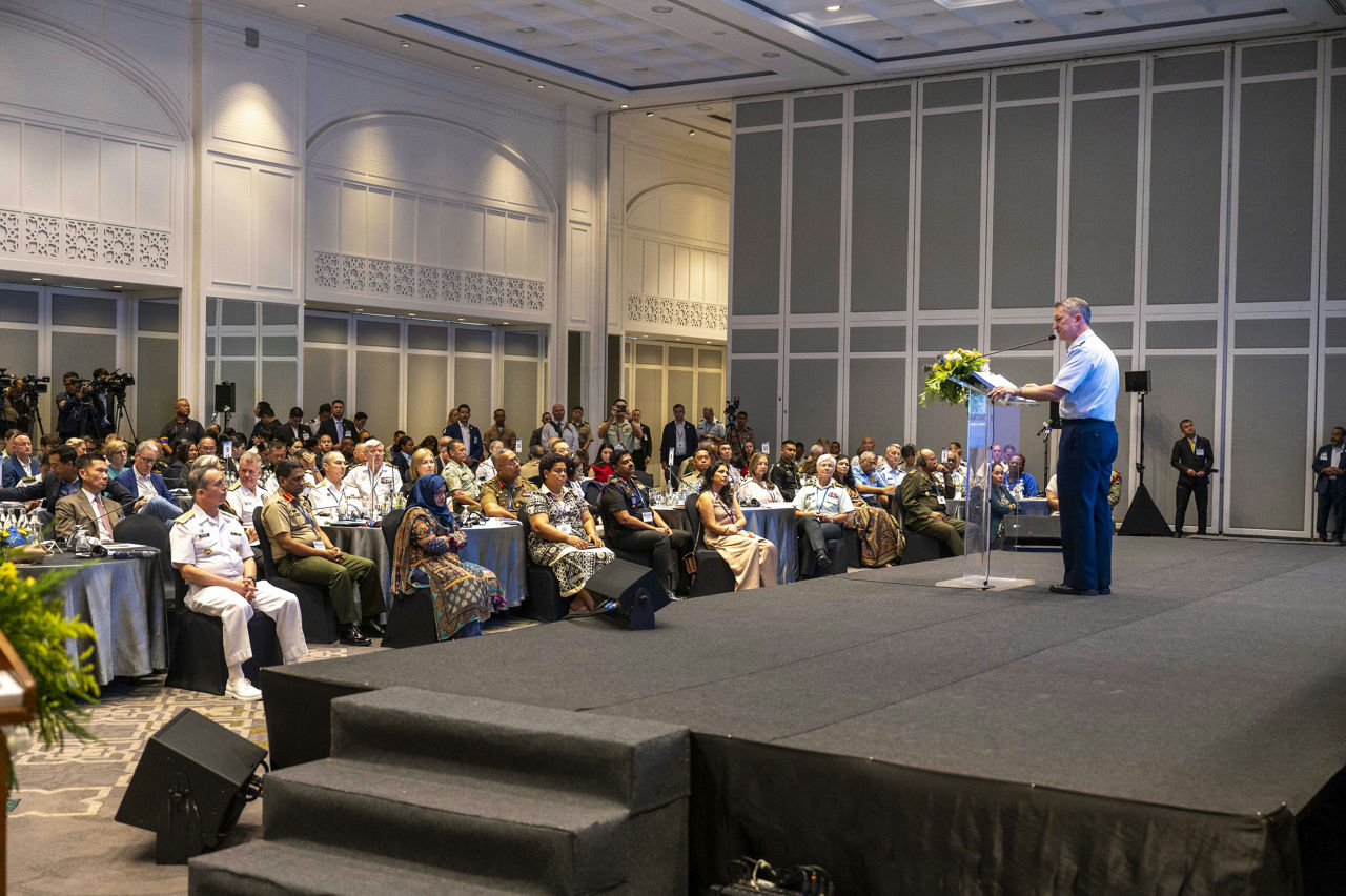 U.S. Air Force Gen. Dan Caine, Chairman of the Joint Chiefs of Staff, provides remarks at a Chiefs of Defense Conference in Hua Hin, Thailand, Aug. 27, 2025. The Chiefs of Defense Conference advances interoperability between allies and partners by providing senior military leaders the chance to discuss challenges and opportunities in the region together. USINDOPACOM is committed to enhancing stability in the Indo-Pacific region by promoting security cooperation, encouraging peaceful development, responding to contingencies, deterring aggression, and when necessary, prevailing in conflict. (U.S. Navy photo by Mass Communication Specialist 1st Class John Bellino)