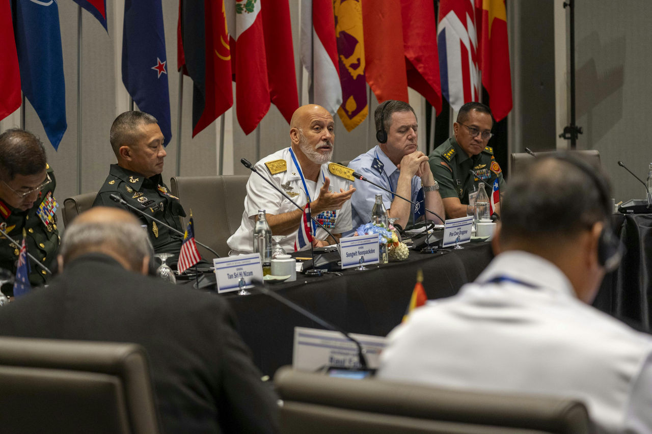 Adm. Giuseppe Dragone, Chair of the NATO Military Committee, engages in discussion at a Chiefs of Defense Conference in Hua Hin, Thailand, Aug. 28, 2025. The Chiefs of Defense Conference advances interoperability between allies and partners by providing senior military leaders the chance to discuss challenges and opportunities in the region together. USINDOPACOM is committed to enhancing stability in the Indo-Pacific region by promoting security cooperation, encouraging peaceful development, responding to contingencies, deterring aggression, and when necessary, prevailing in conflict. (U.S. Navy photo by Mass Communication Specialist 1st Class John Bellino)