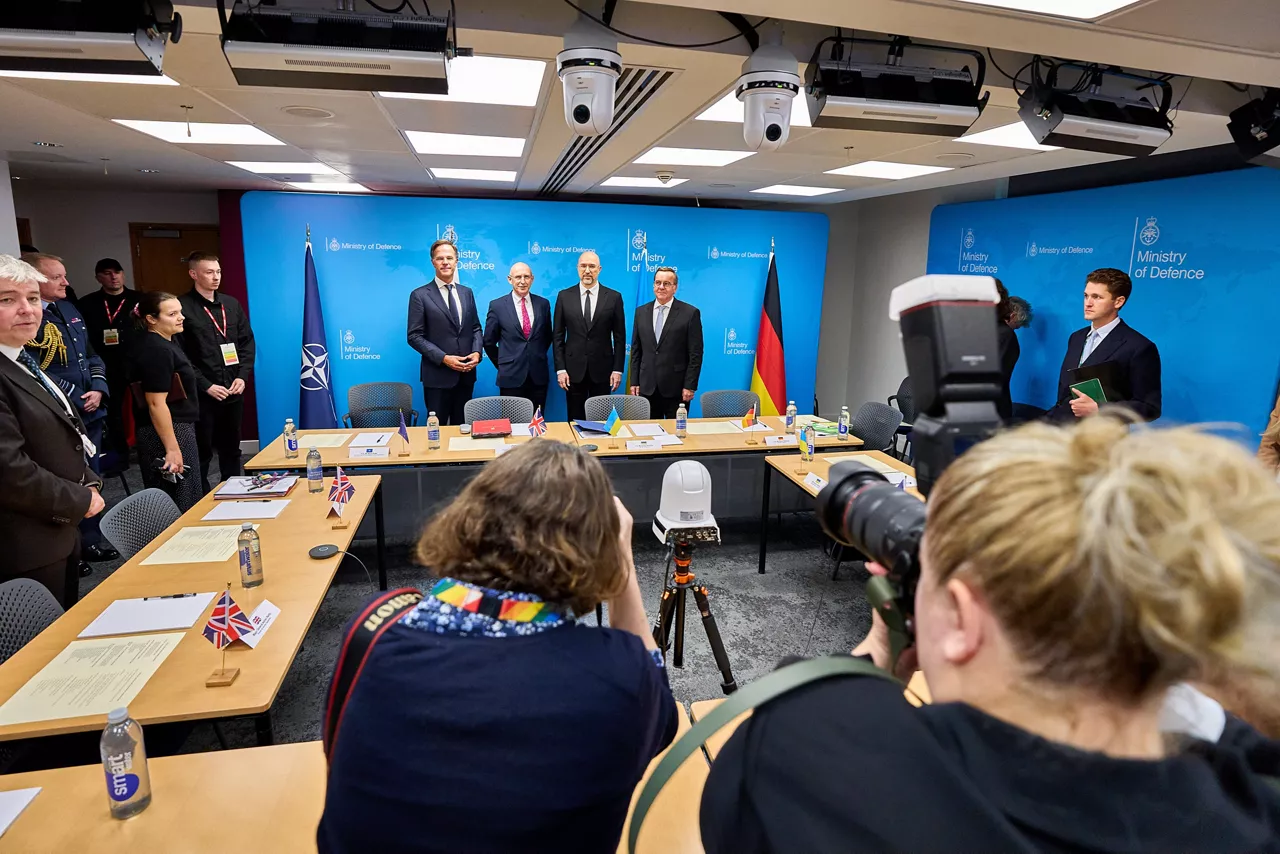 Meeting of the Ukraine Defence Contact Group. NATO Secretary General Mark Rutte with UK Defence Secretary John Healey, the Minister of Defence of Ukraine, Denys Shmyhal and the Minister of Defence of Germany, Boris Pistorius