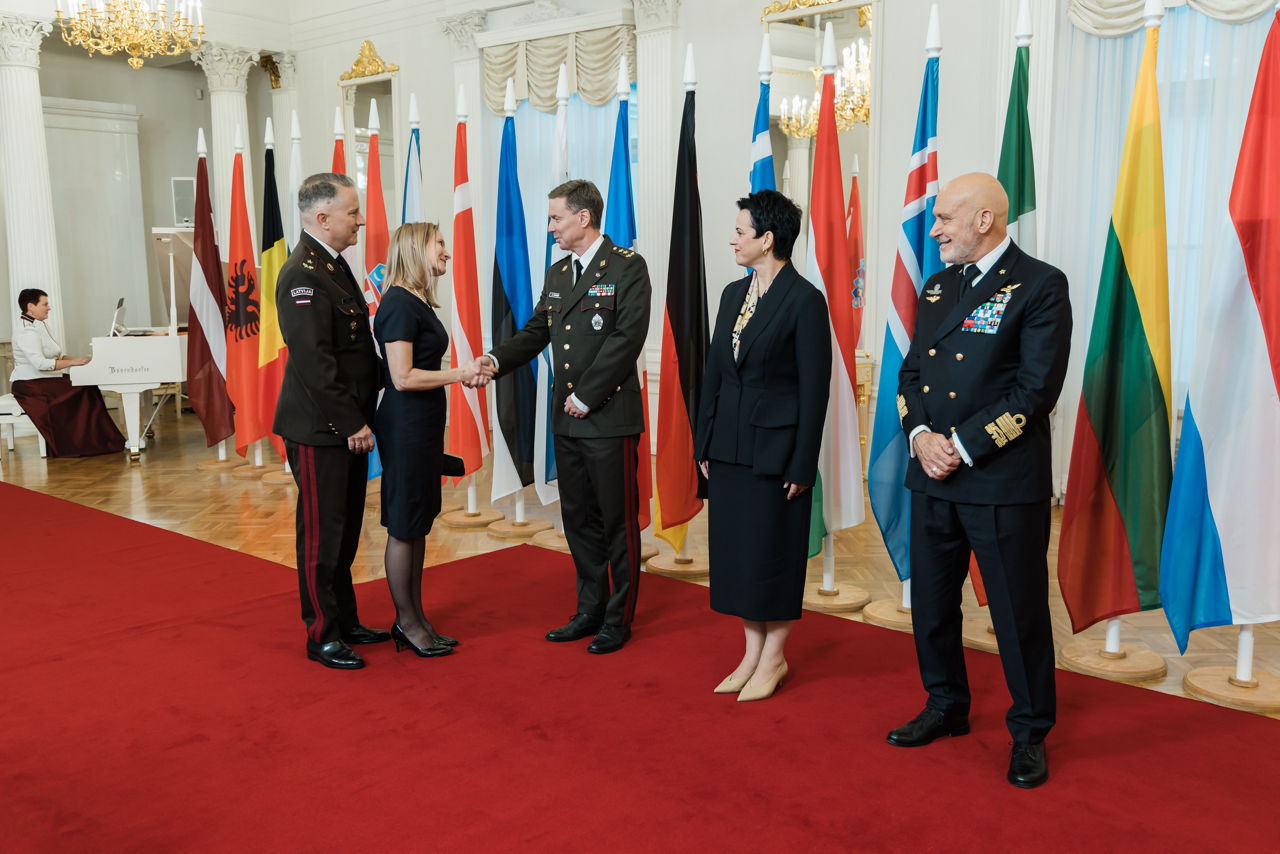 President of Latvia Edgars Rinkēvičs meets with the Chair of the NATO Military Committee (CMC) Admiral Giuseppe Cavo Dragone and the Chief of Defence of Latvia Kaspars Pudāns (LV CHOD) at Riga Castle