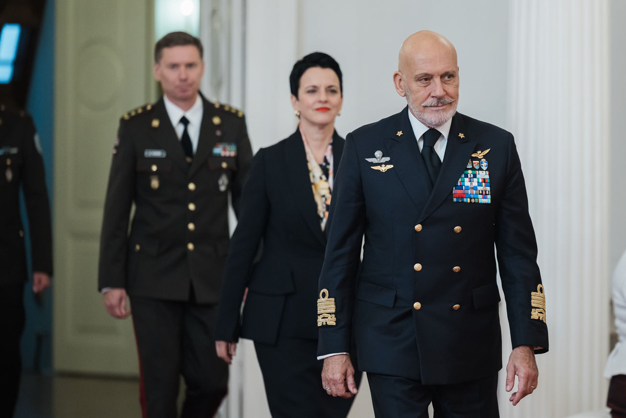 President of Latvia Edgars Rinkēvičs meets with the Chair of the NATO Military Committee (CMC) Admiral Giuseppe Cavo Dragone and the Chief of Defence of Latvia Kaspars Pudāns (LV CHOD) at Riga Castle