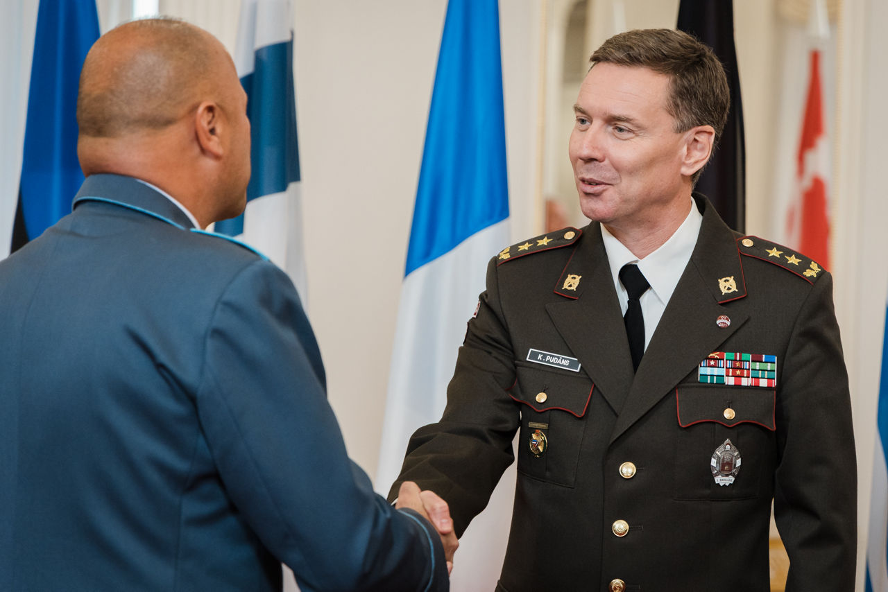 President of Latvia Edgars Rinkēvičs meets with the Chair of the NATO Military Committee (CMC) Admiral Giuseppe Cavo Dragone and the Chief of Defence of Latvia Kaspars Pudāns (LV CHOD) at Riga Castle