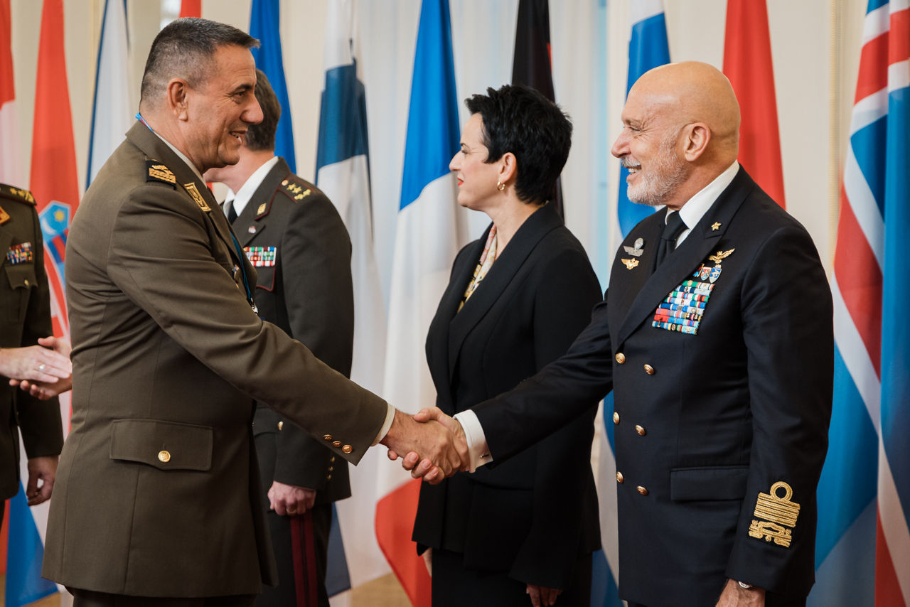 President of Latvia Edgars Rinkēvičs meets with the Chair of the NATO Military Committee (CMC) Admiral Giuseppe Cavo Dragone and the Chief of Defence of Latvia Kaspars Pudāns (LV CHOD) at Riga Castle