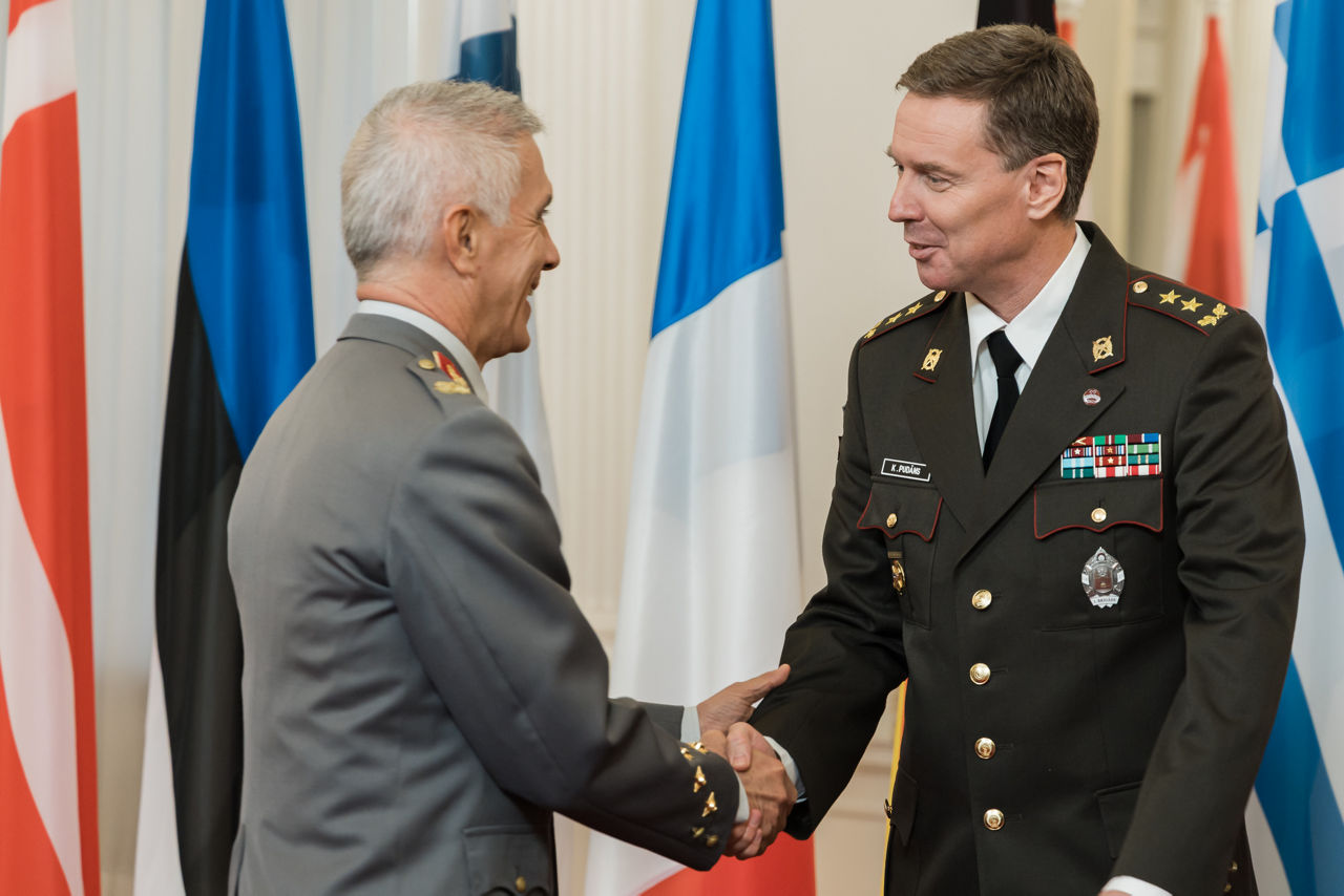 President of Latvia Edgars Rinkēvičs meets with the Chair of the NATO Military Committee (CMC) Admiral Giuseppe Cavo Dragone and the Chief of Defence of Latvia Kaspars Pudāns (LV CHOD) at Riga Castle