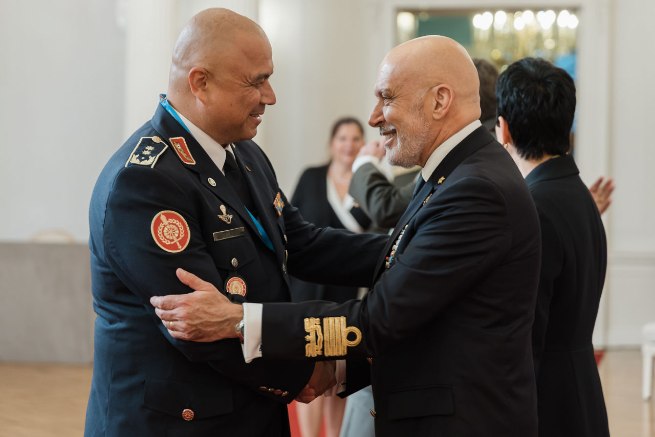 President of Latvia Edgars Rinkēvičs meets with the Chair of the NATO Military Committee (CMC) Admiral Giuseppe Cavo Dragone and the Chief of Defence of Latvia Kaspars Pudāns (LV CHOD) at Riga Castle