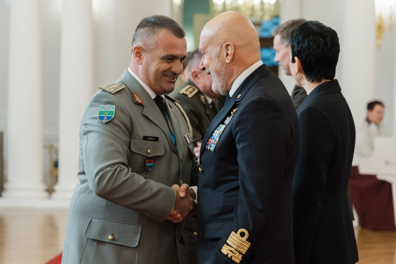President of Latvia Edgars Rinkēvičs meets with the Chair of the NATO Military Committee (CMC) Admiral Giuseppe Cavo Dragone and the Chief of Defence of Latvia Kaspars Pudāns (LV CHOD) at Riga Castle