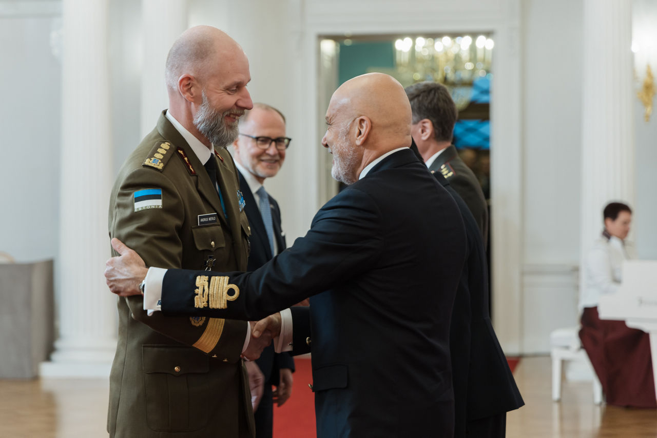 President of Latvia Edgars Rinkēvičs meets with the Chair of the NATO Military Committee (CMC) Admiral Giuseppe Cavo Dragone and the Chief of Defence of Latvia Kaspars Pudāns (LV CHOD) at Riga Castle