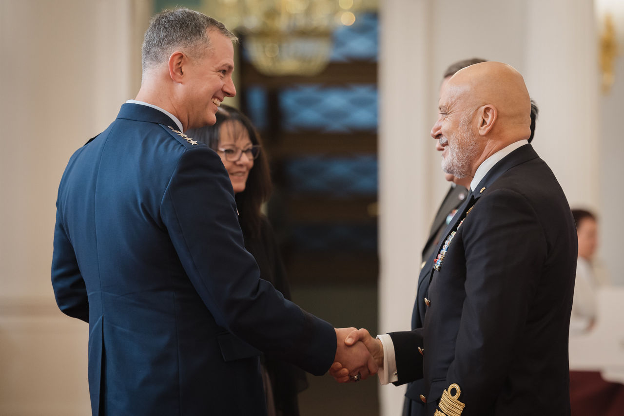 President of Latvia Edgars Rinkēvičs meets with the Chair of the NATO Military Committee (CMC) Admiral Giuseppe Cavo Dragone and the Chief of Defence of Latvia Kaspars Pudāns (LV CHOD) at Riga Castle