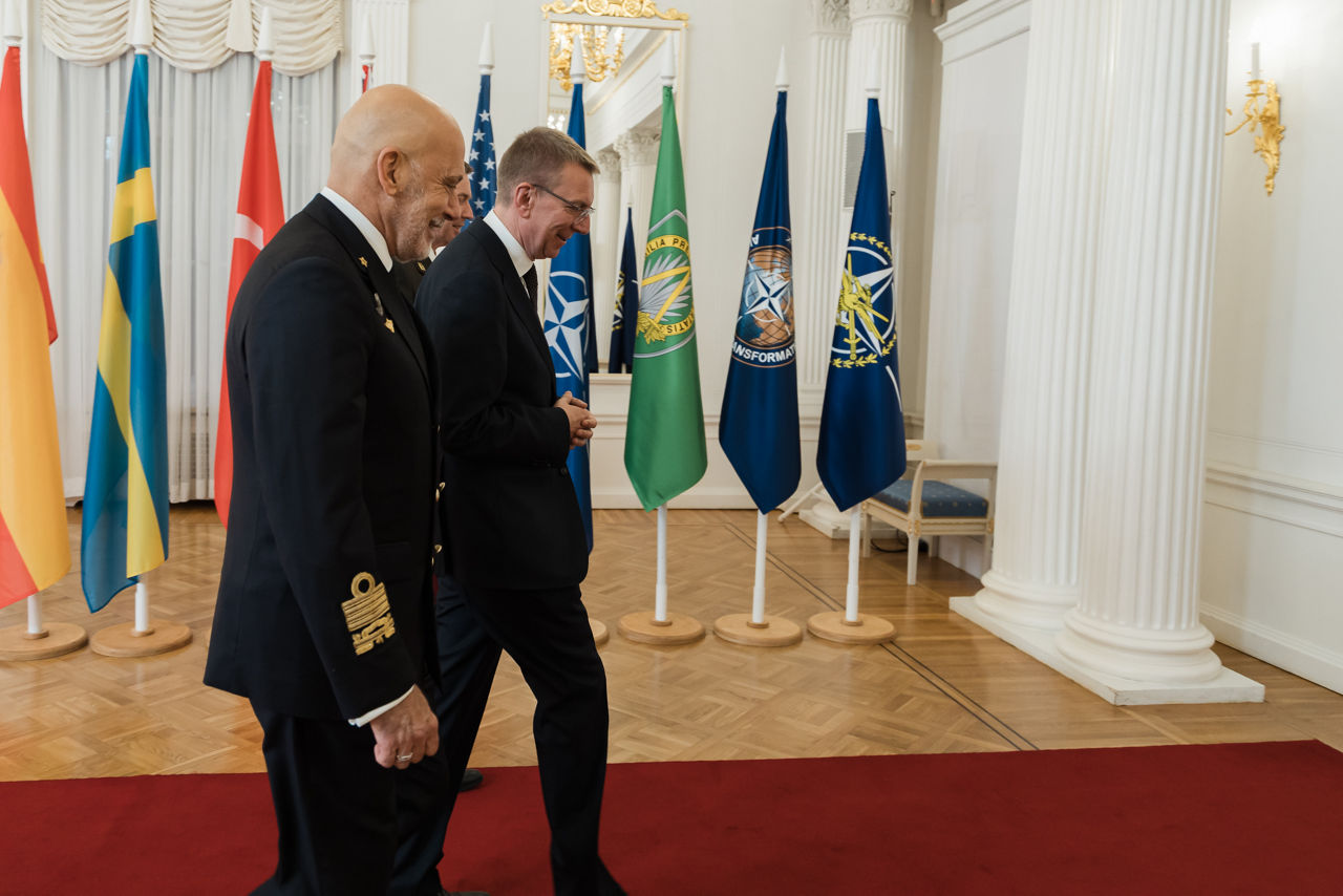 President of Latvia Edgars Rinkēvičs meets with the Chair of the NATO Military Committee (CMC) Admiral Giuseppe Cavo Dragone and the Chief of Defence of Latvia Kaspars Pudāns (LV CHOD) at Riga Castle
